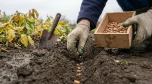 Mani con guanti seminano fave in un solco dell’orto accanto a una cassetta di semi e a una paletta