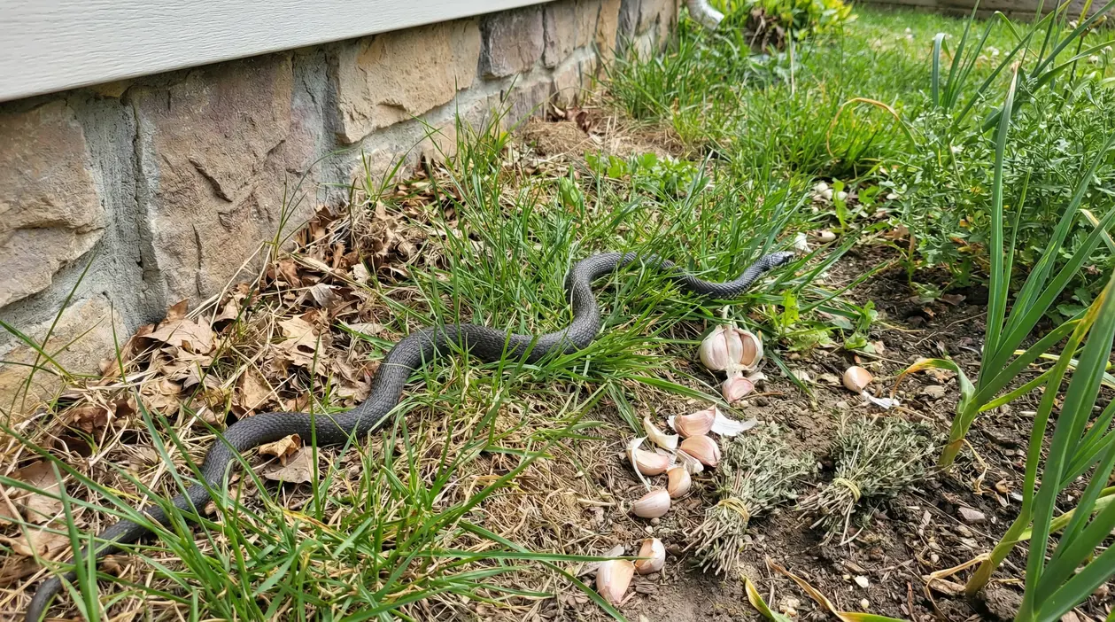 Serpente in giardino vicino al muro di casa, tra erba alta, foglie secche e spicchi d'aglio sul terreno