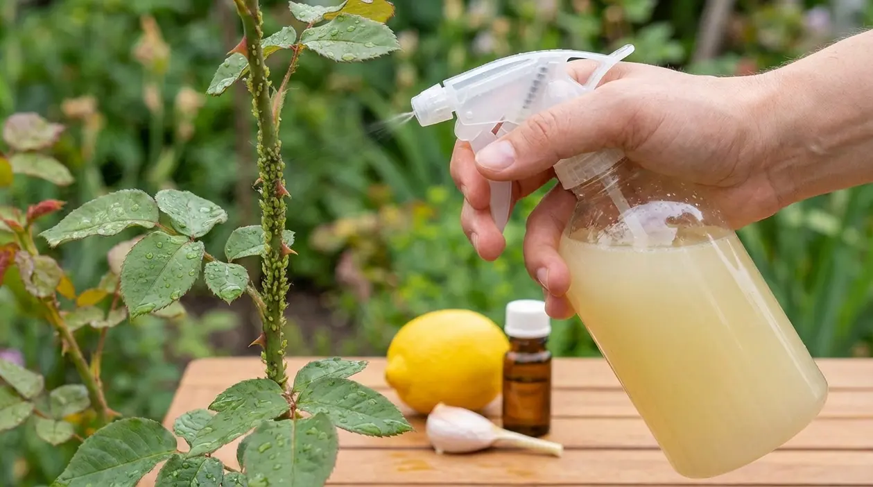 Mano che spruzza rimedio fai da te su una rosa infestata da afidi in giardino