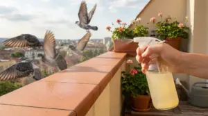 Mano che spruzza uno spray fatto in casa sul balcone per allontanare i piccioni in volo