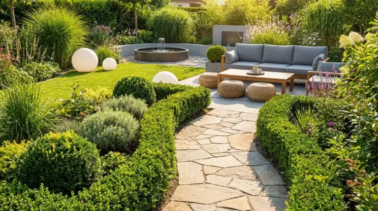 Giardino moderno con vialetto in pietra, area lounge esterna, fontana e aiuole curate con graminacee e arbusti