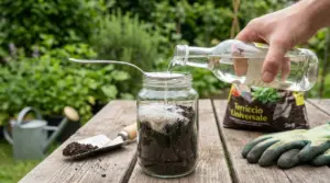 Mano che versa aceto in un barattolo con terriccio per testare il suolo in giardino