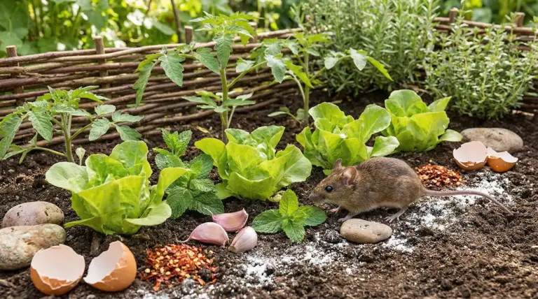 Topo nell’orto tra lattughe e piante aromatiche, accanto a rimedi naturali come aglio, menta e gusci d’uovo
