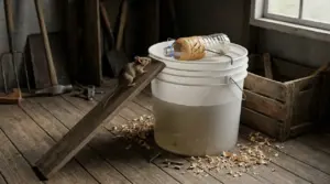 Topo vicino a una trappola fai da te con secchio, rampa in legno e bottiglia con esca al burro di arachidi