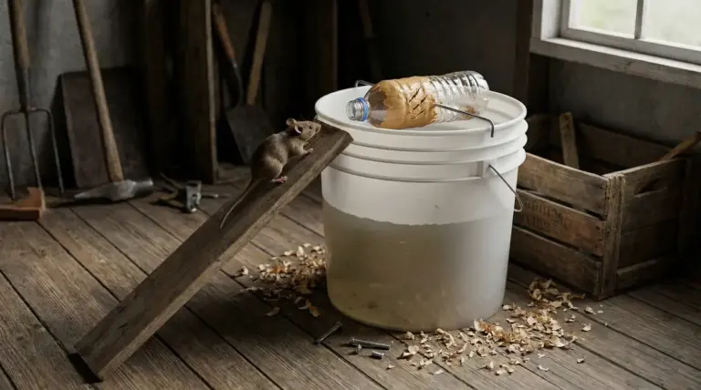 Topo vicino a una trappola fai da te con secchio, rampa in legno e bottiglia con esca al burro di arachidi