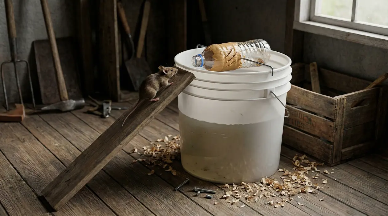 Topo vicino a una trappola fai da te con secchio, rampa in legno e bottiglia con esca al burro di arachidi