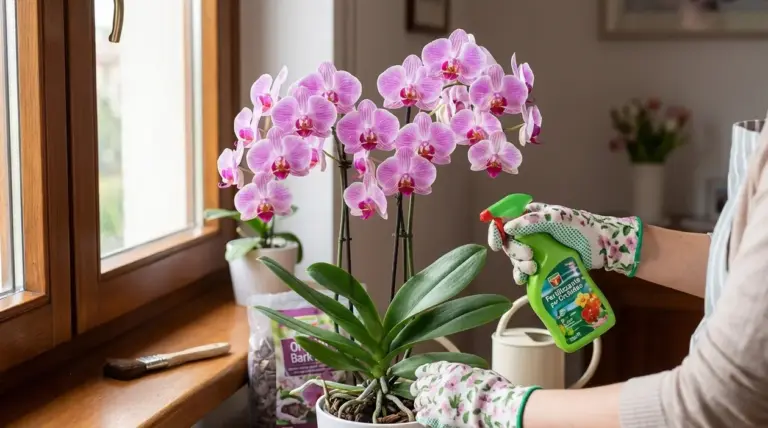 Persona che cura un’orchidea Phalaenopsis fiorita in casa vicino a una finestra con spray e substrato per orchidee