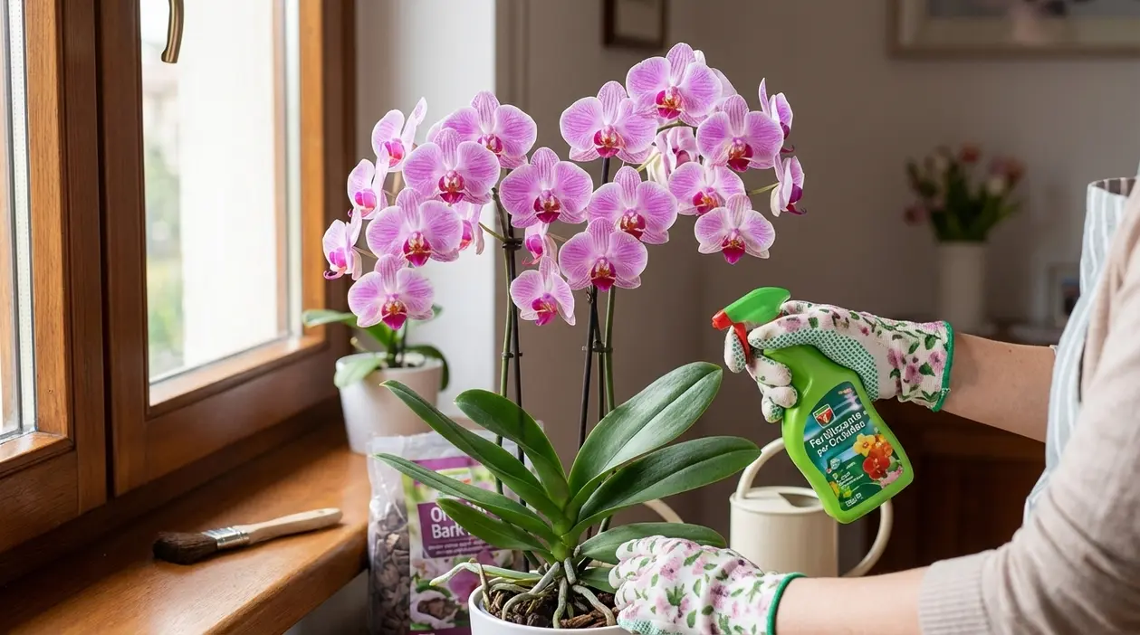 Persona che cura un’orchidea Phalaenopsis fiorita in casa vicino a una finestra con spray e substrato per orchidee