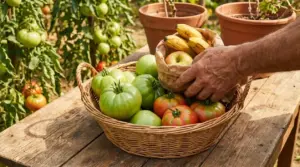 Cestino con pomodori verdi e banane accanto alle piante, trucco naturale per favorire la maturazione