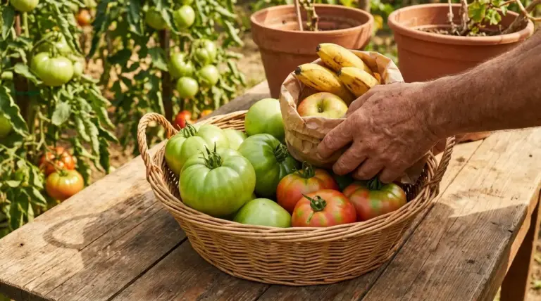 Cestino con pomodori verdi e banane accanto alle piante, trucco naturale per favorire la maturazione