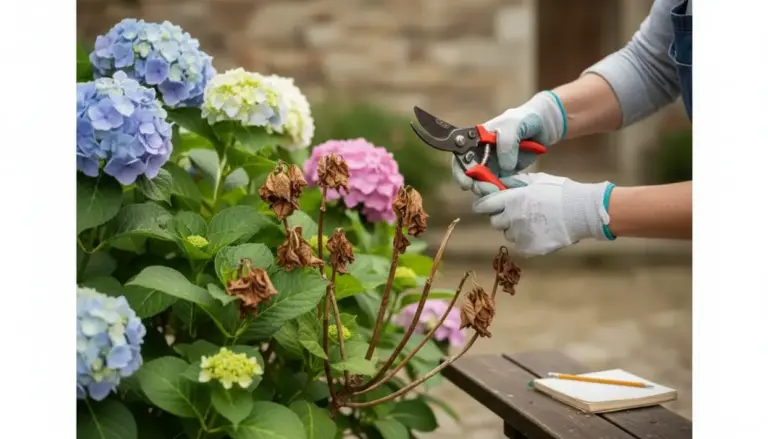 Mani con cesoie che potano ortensie secche accanto a fiori di ortensia blu, rosa e bianchi in giardino