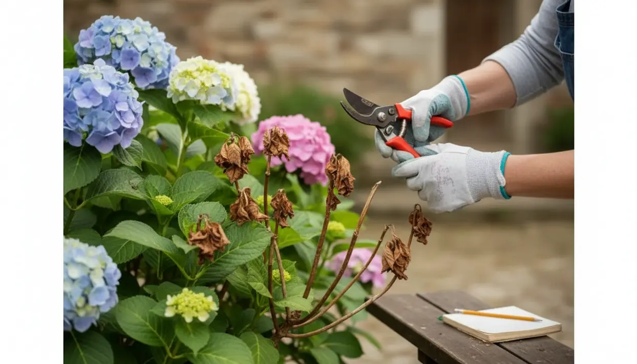 Mani con cesoie che potano ortensie secche accanto a fiori di ortensia blu, rosa e bianchi in giardino