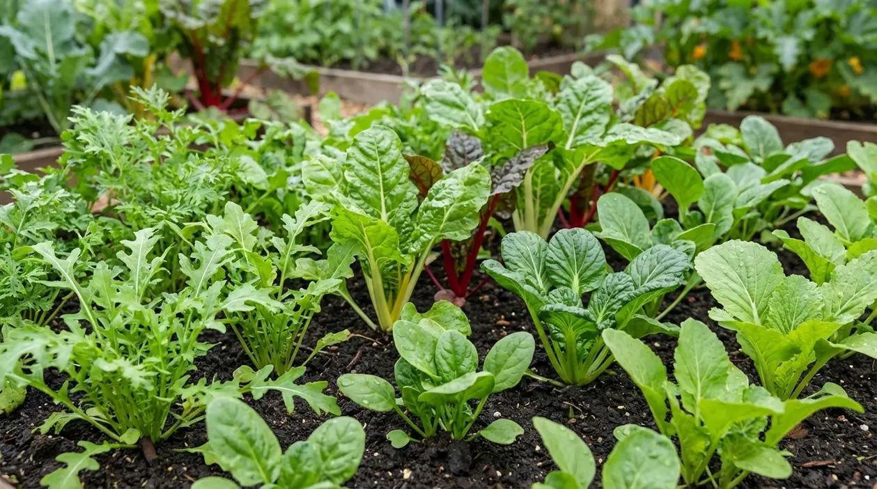 Orto con insalate a foglia e verdure a crescita rapida coltivate in aiuole rialzate